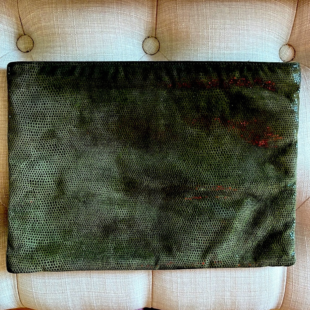 Green and black faux suede medium sized clutch bag designed by Liza Ganz - NY